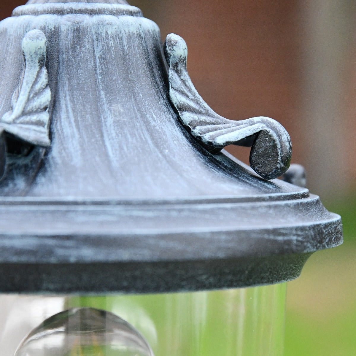 Dark Verdigris Green Ornate Pedestal Light Close Up