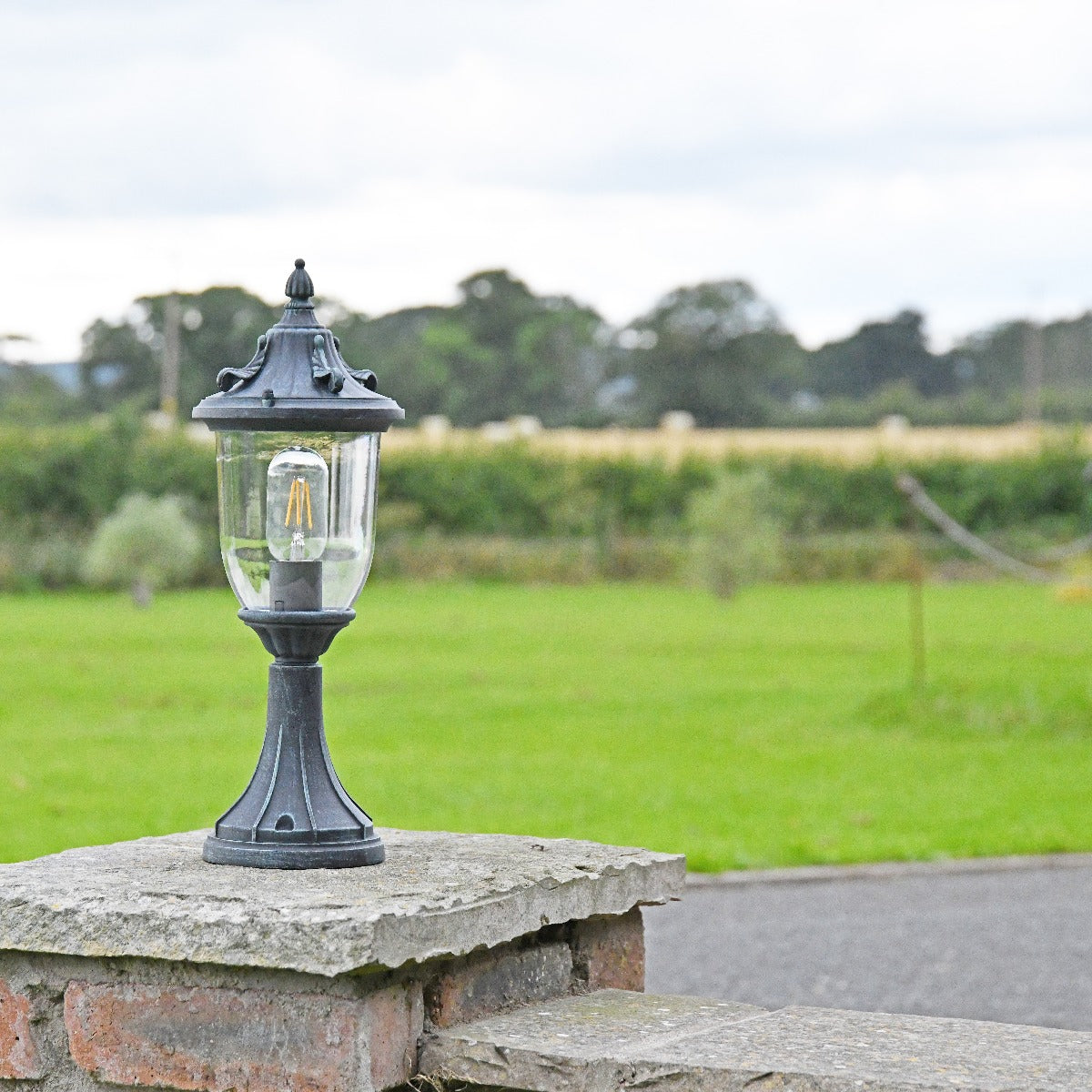 Dark Verdigris Green Ornate Pedestal Light On Driveway Entrance