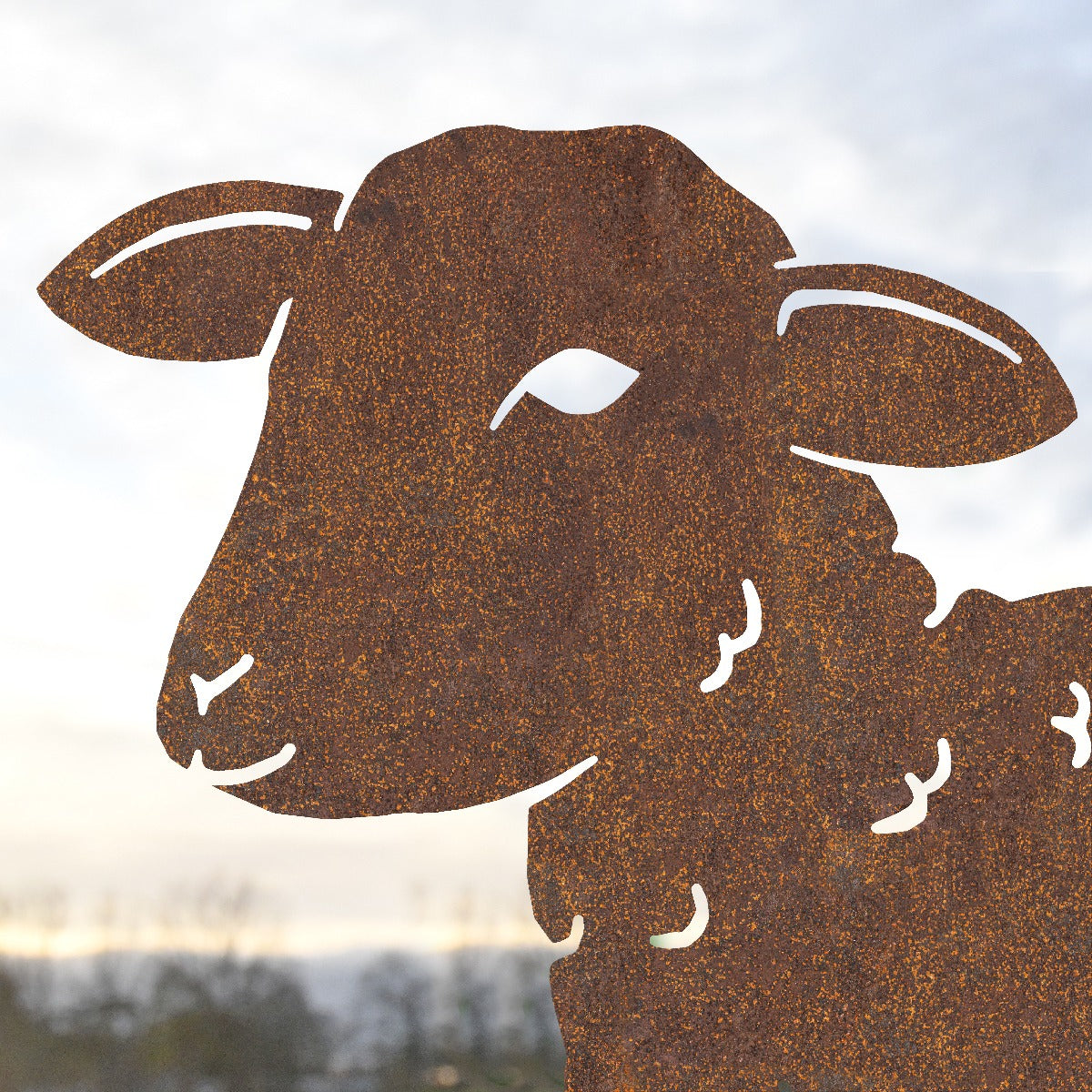Young Curly Lamb Garden Sheet Steel Silhouette In Rustic Close Up