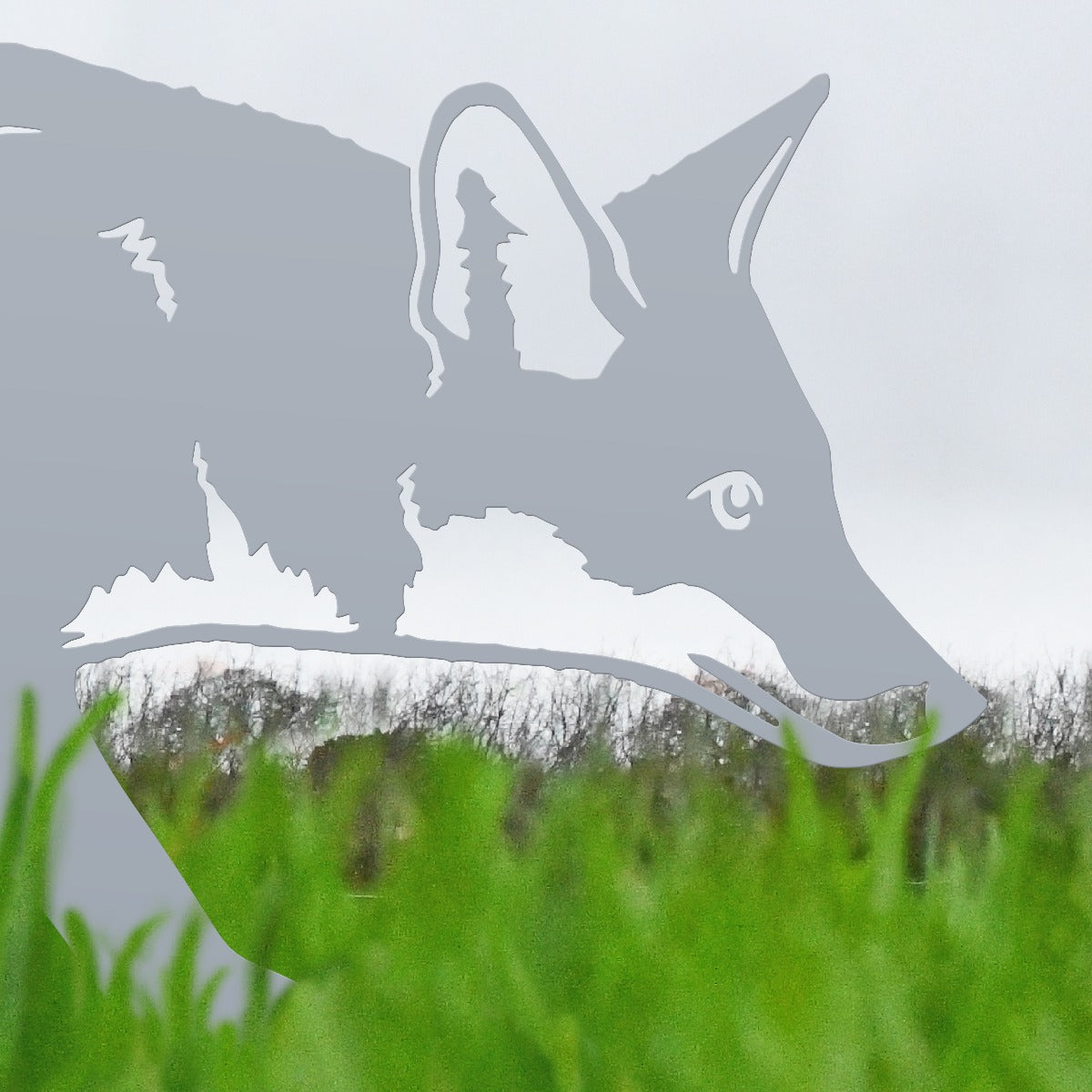 Close Up Of Fox Garden Sheet Steel Silhouette In Silver