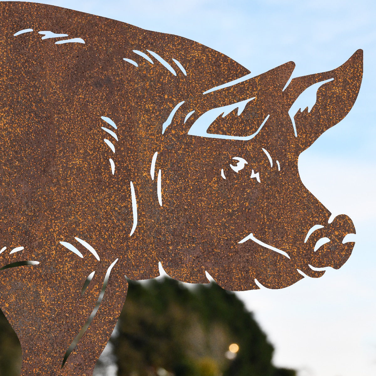Large Standing Pig Garden Sheet Steel Silhouette In Rustic Close Up 