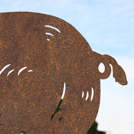 Close Up Of Female Pig Sheet Steel Silhouette In Rustic