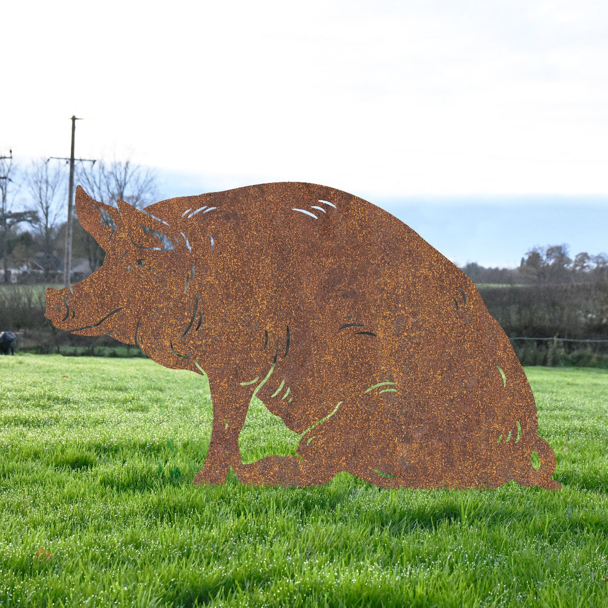 Large Sitting Pig Garden Sheet Steel Silhouette In Rustic