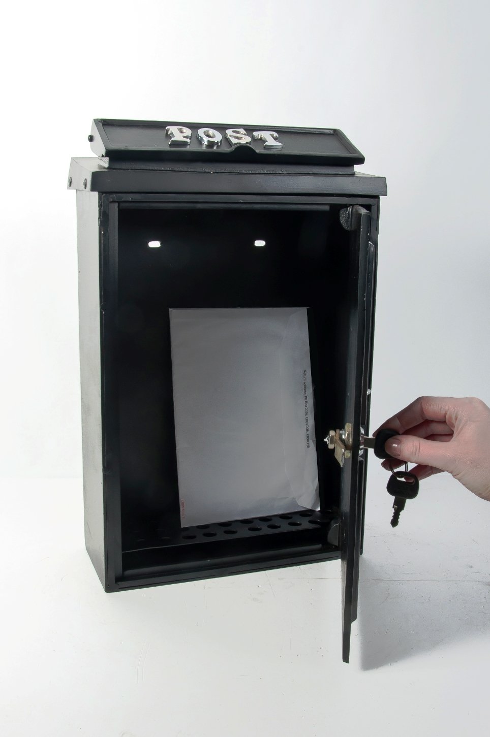 Bright chrome dragon post box locking door