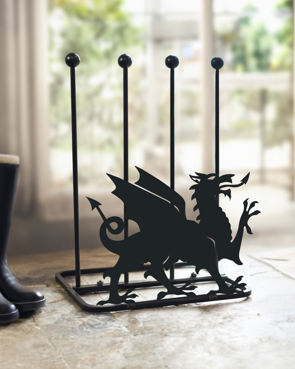 The steel 'Welsh Dragon' welly rack in situ