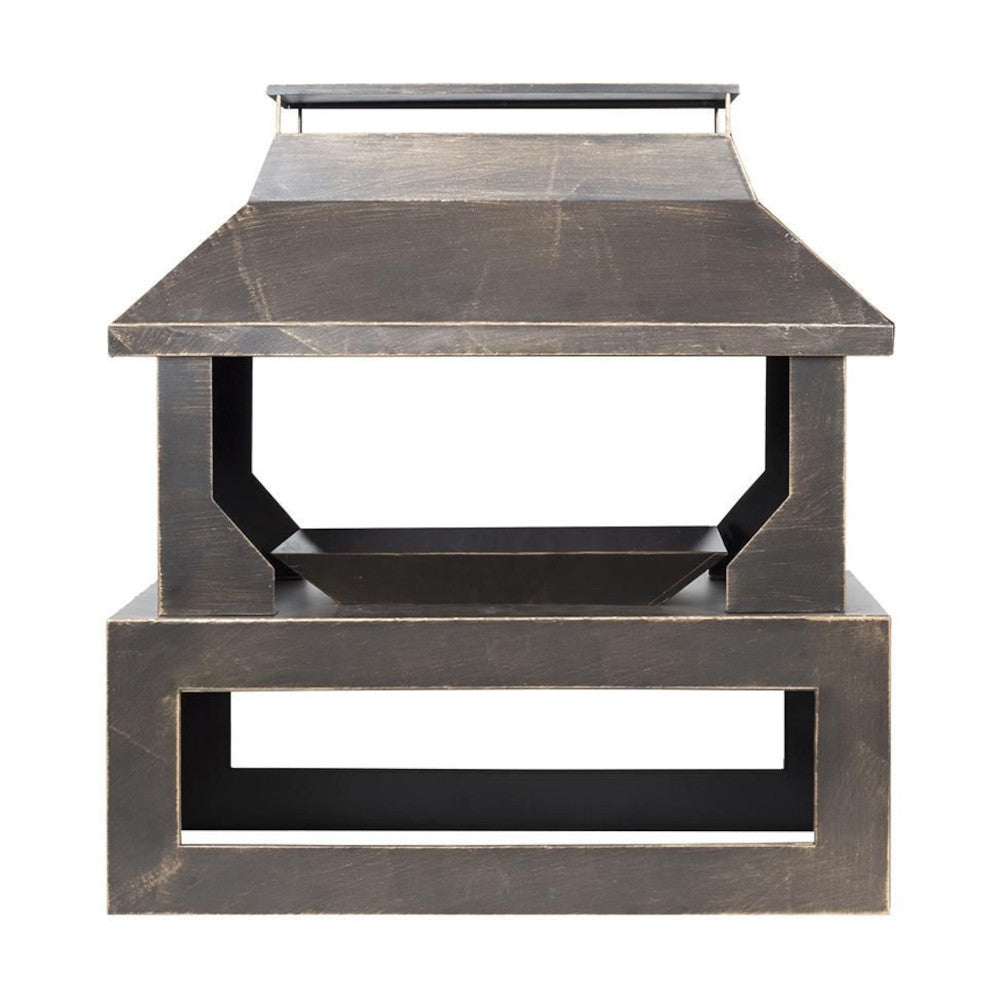 'Whirley' Outdoor Bronze Log Burner And Holder on a white background 