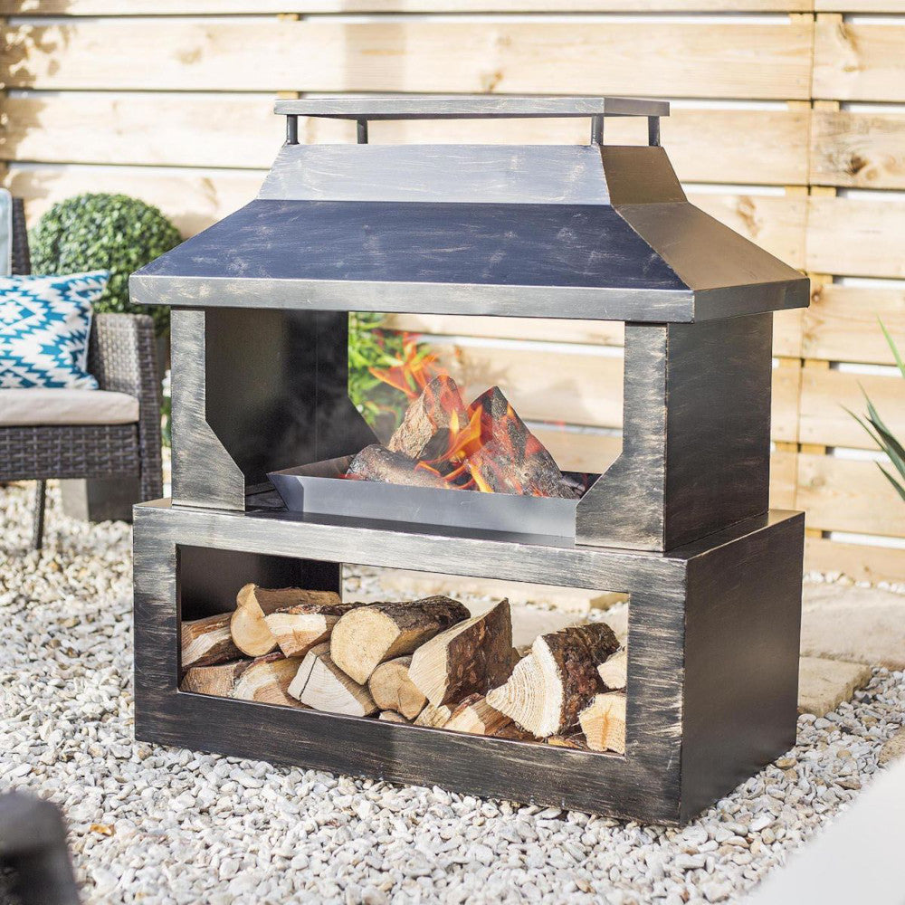 Angled view of the bronzed log burner 