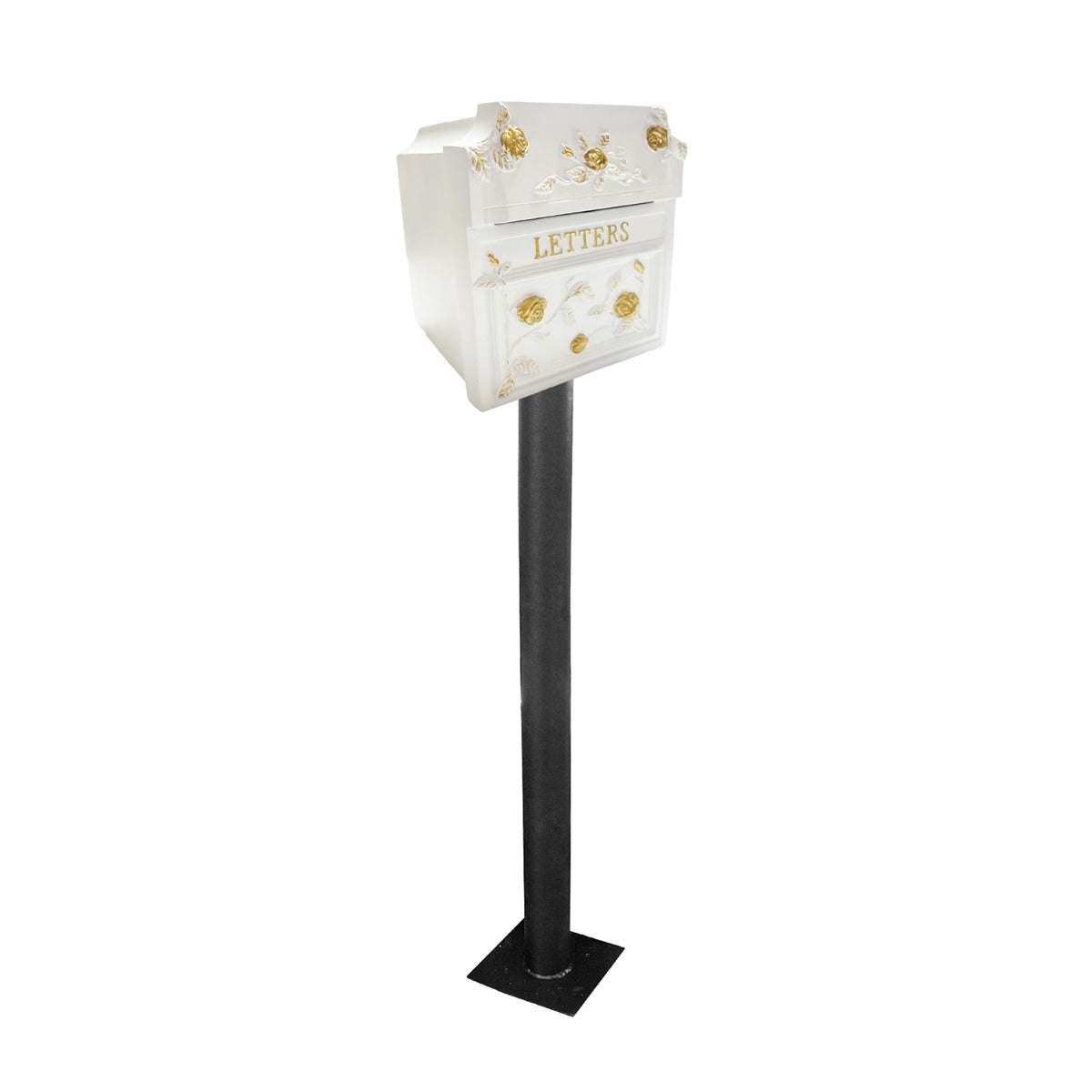 White Finschester Letter Box with a Black Pedestal Stand