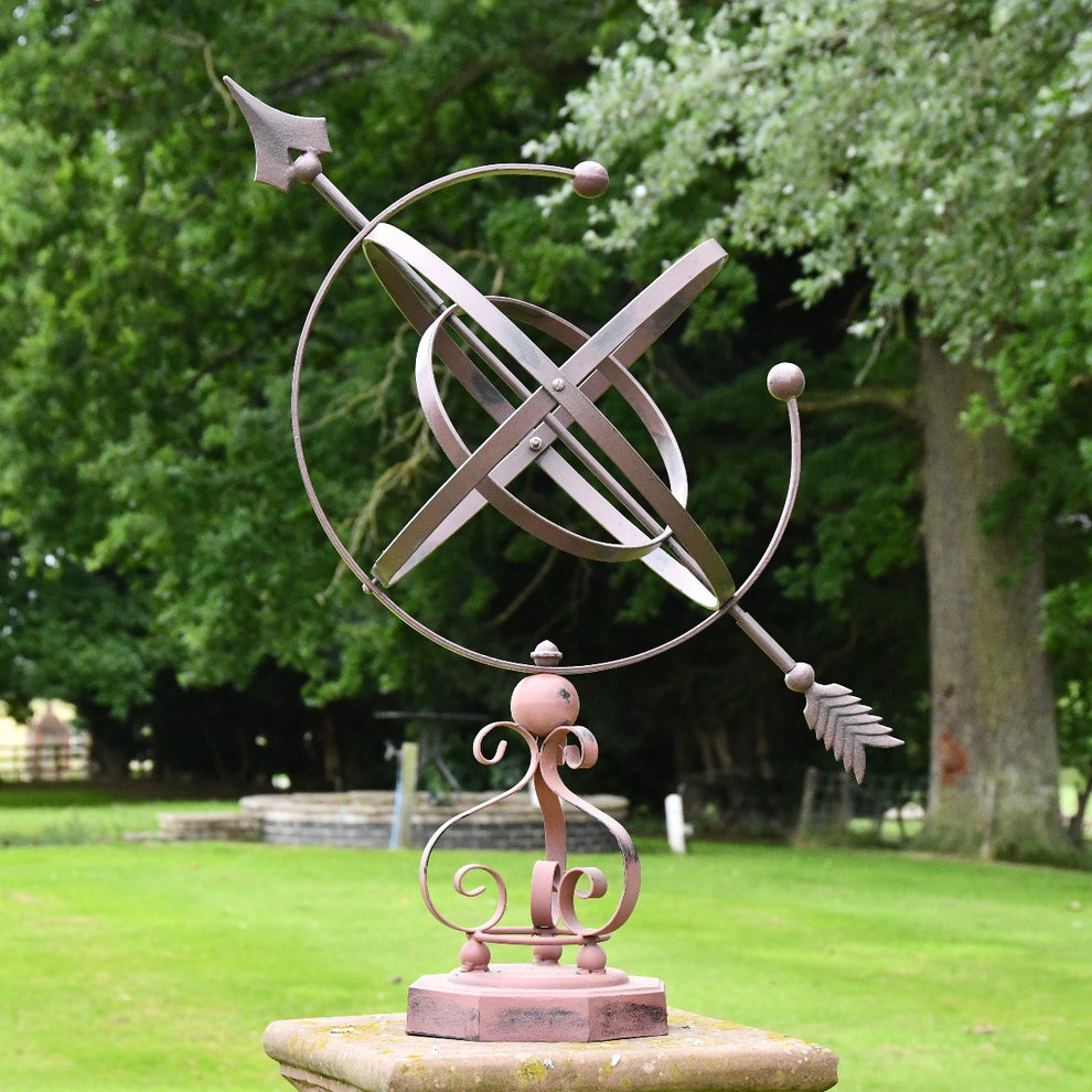 Wrought Iron Armillary Sphere with Scroll Base – English Lamp Posts