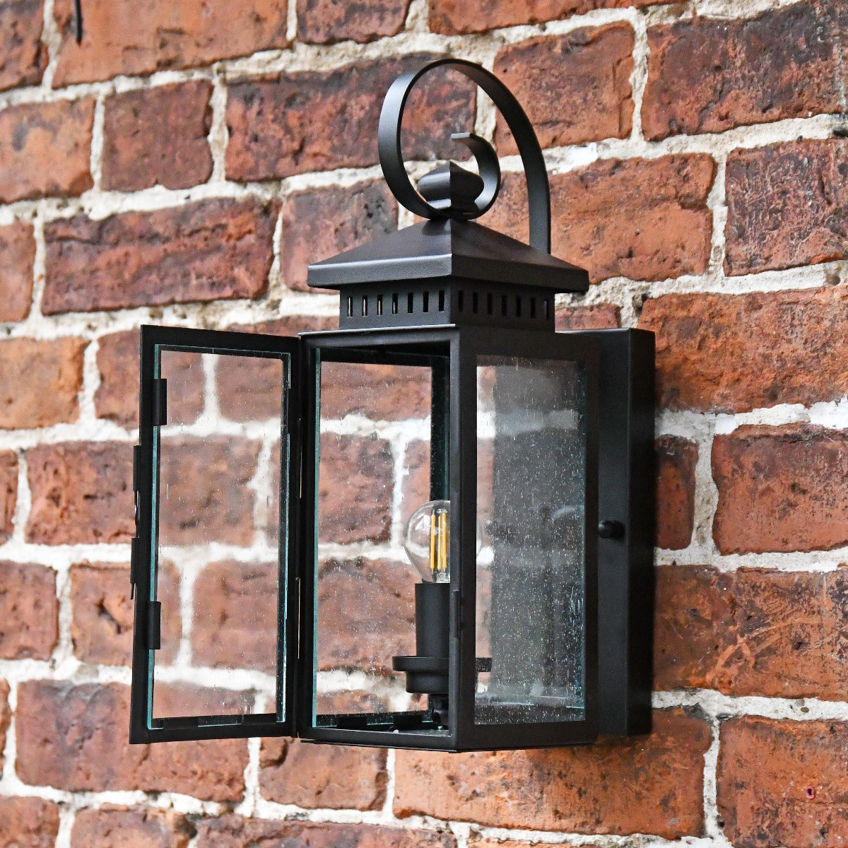Wrought Iron Wall Lantern with Flush Fitting Wall Bracket With Open Door