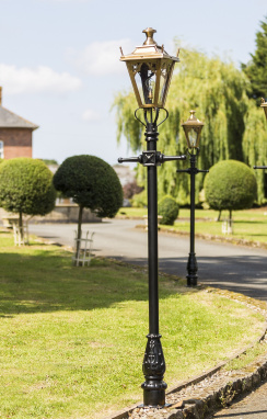Antique Brass Gothic Garden Feature Lamp Post In Garden Setting