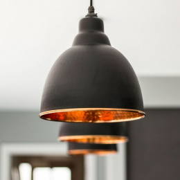 Black and Copper Bowl-Shaped Hanging Pendant Light In Situ