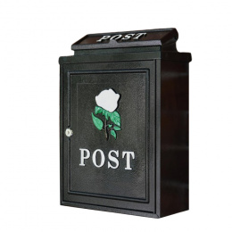 Wall Mounted Post Box Finished in Black  with a White Rose