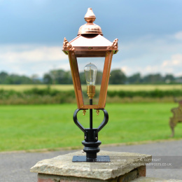Copper Victorian Lantern On Black Pillar Mount
