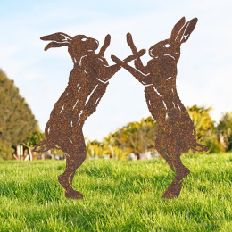 Large Boxing Hares Garden Sheet Steel Silhouette In Rustic