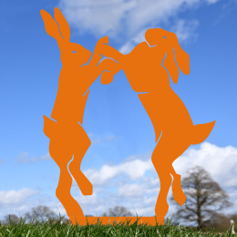 Boxing Hares Garden Sheet Steel Silhouette In Orange