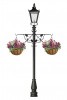 Victorian garden lamp post with ornate flower basket brackets